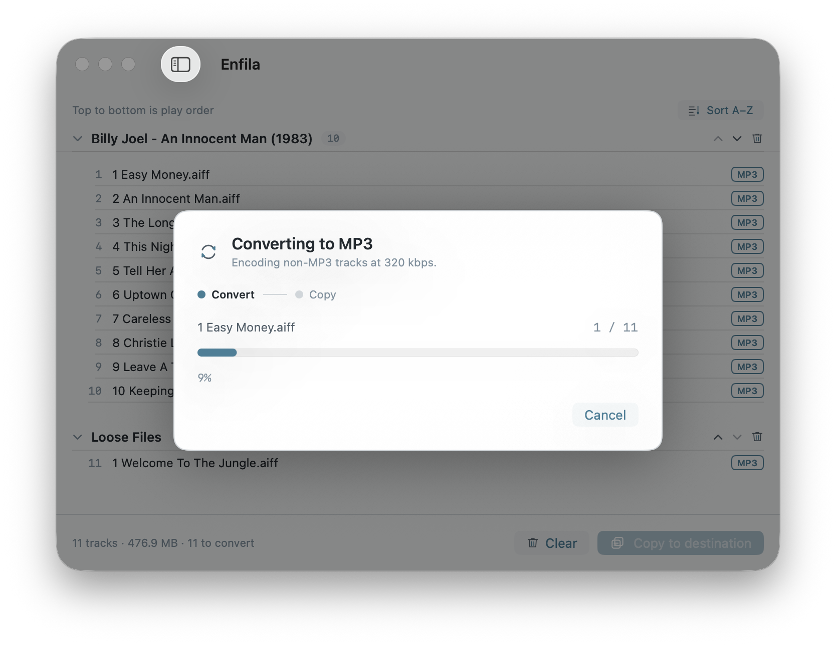 Enfila converting non-MP3 tracks before copying.