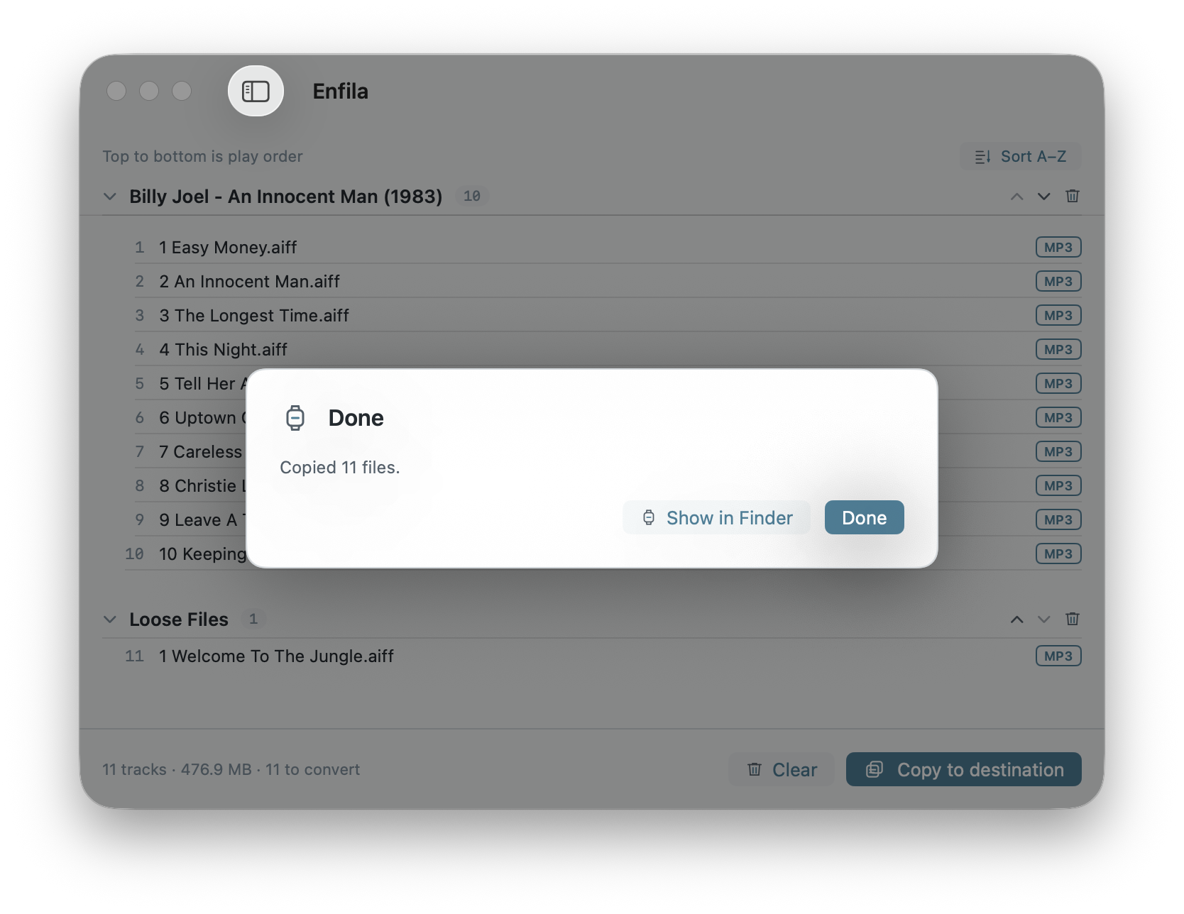 Enfila finished: files copied in order.