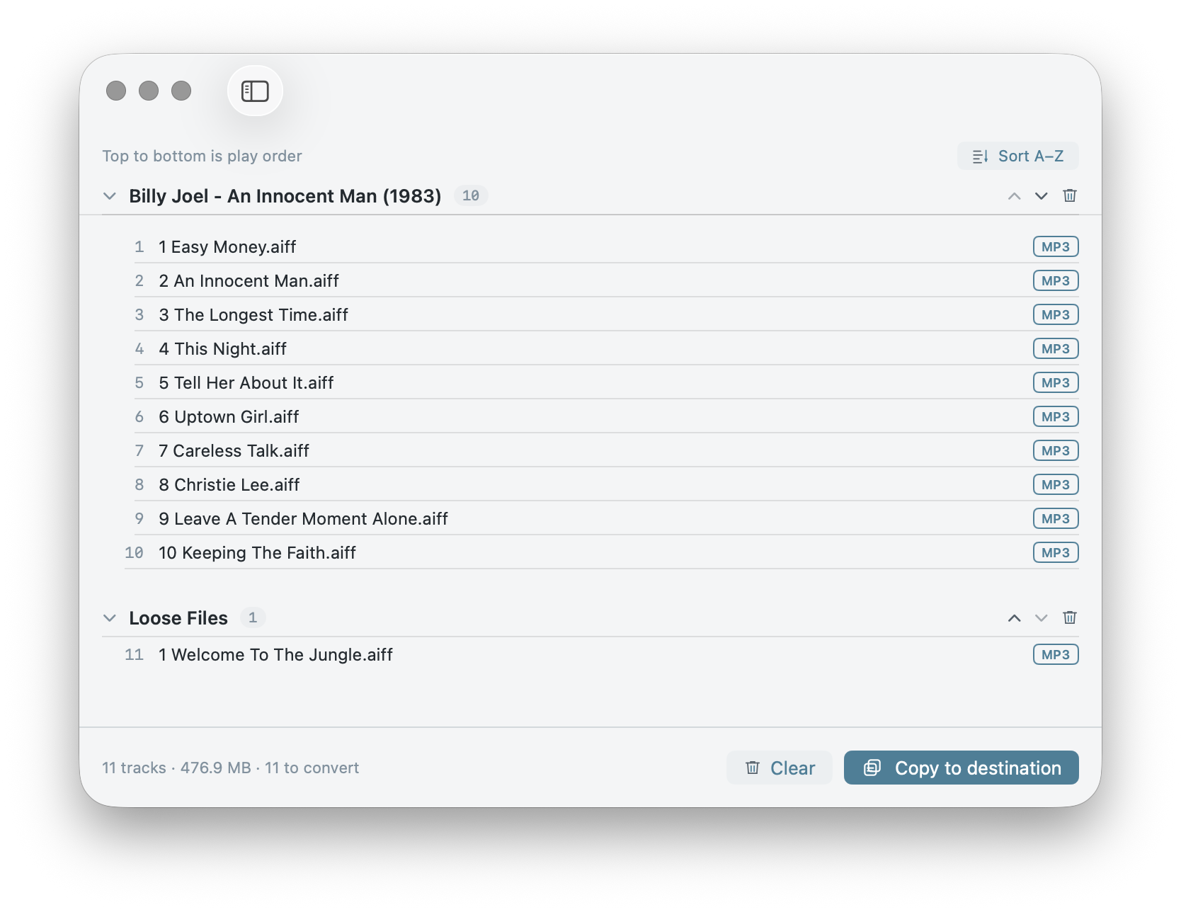 The Enfila staging window: albums and tracks in a single play-order queue.